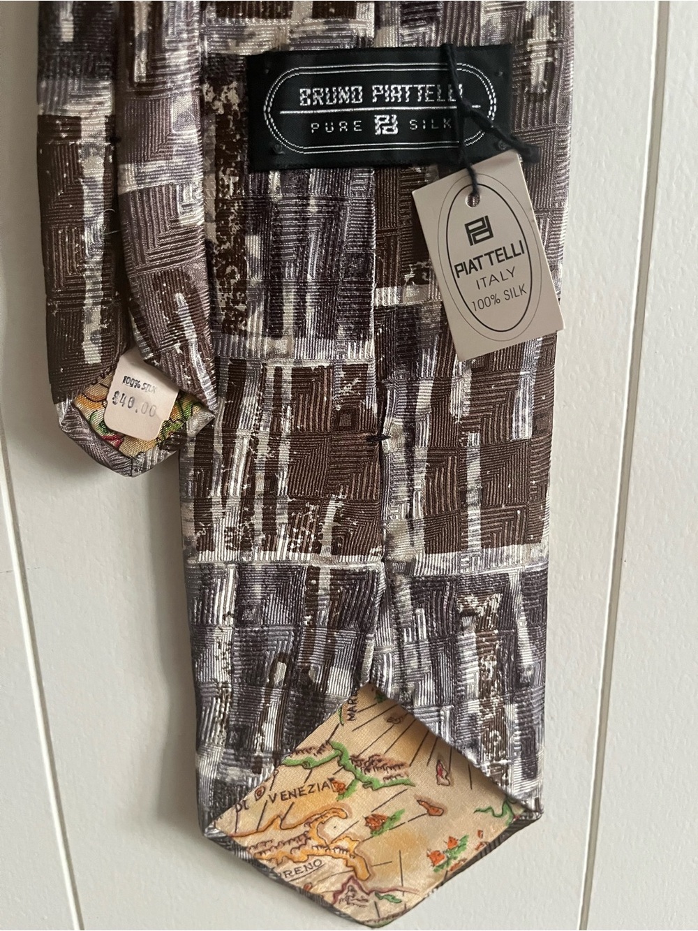 Bruno Piattelli Brown & Cream Geometric Silk Tie with Map Lining